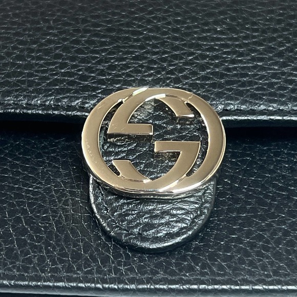💛SOLD🖤 Black Gucci GG Interlocking Pebbled Leather Wallet On Chain - Picture 4 of 11